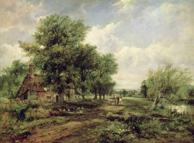 Bewaldete Flusslandschaft mit einem Cottage und einem Pferdewagen von Frederick Waters Watts